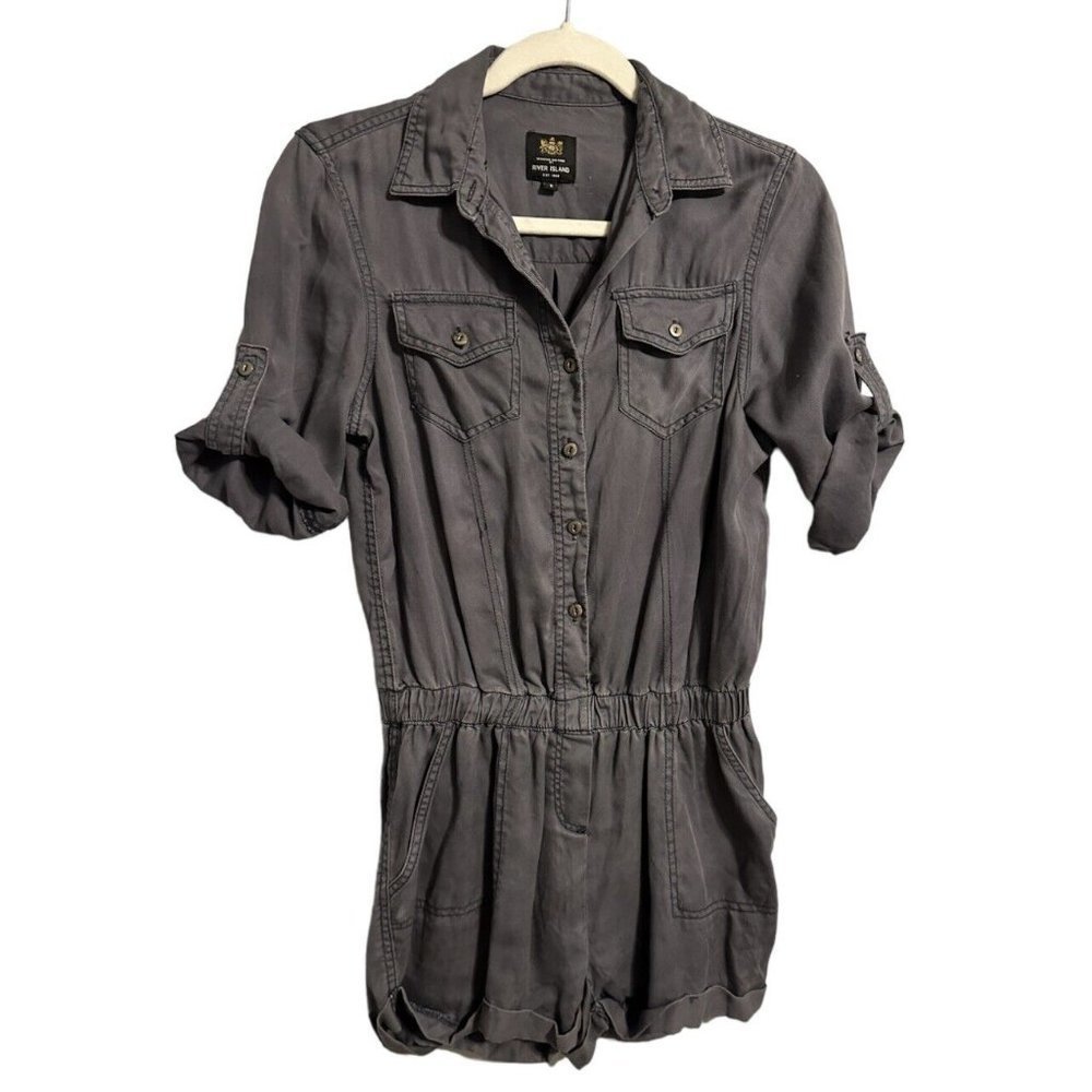 River Island Jumper Playsuit Beige Utility Style Drawstring Mini Length Outfit 6